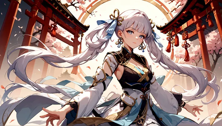 score_9, score_8_up, score_7_up, score_6_up, masterpiece, top quality, best quality, official art, beautiful and aesthetic, close up shot, centered, JinshiWW, long hair, twintails, hair rings, hair ornament, earrings, chinese clothes, two-tone dress, black...