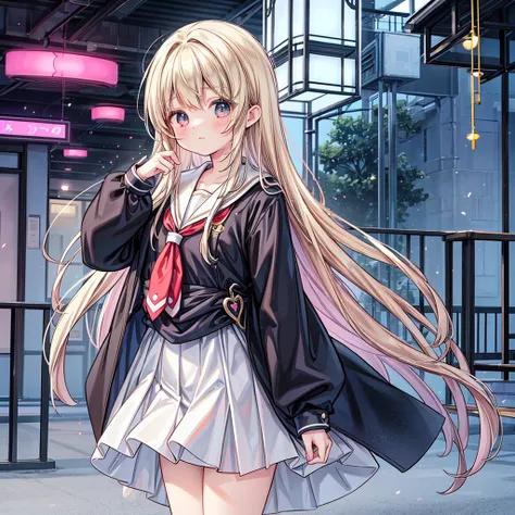 Striking and photorealistic 2.5D moe anime style. Mami, a good-looking and talented high school girl with long, flowing dark blonde hair, stands confidently in front of a modern, magnificent school building reminiscent of a school town. She wears a sailor ...