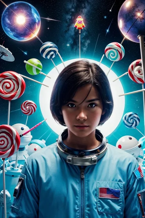 An image where an astronaut is looking at a lollipop which i glowing and the light is reflecting his face we can see the glow , he is surrounded by 5 aliens some are holding futuristic weapons, the astronaut has no idea about the aliens and is looking at t...