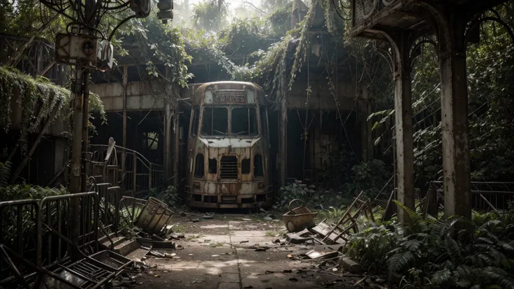 Deserted amusement park overrun by nature, post-apocalyptic ambiance, ultra realistic, photorealistic, highly detailed, cinematic lighting, muted colors, atmospheric background, decaying rides and attractions, detailed overgrowth of vegetation, realistic t...