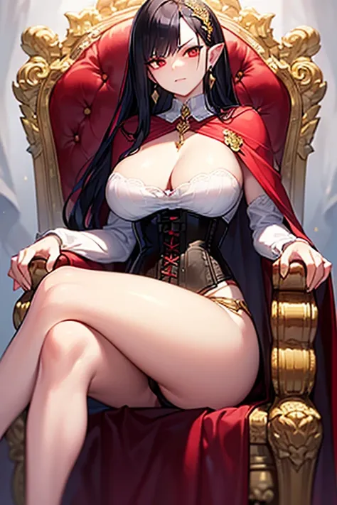 masterpiece, extra limbs, 1vampire lady, 250 years old,(light gold extra long hair), slant blank ruby red eyes, big breasts, muscle,(pale white finely detailed skin), (serious),(((clothed:1.5 corset dress))),hair ornaments,earrings,cape,evil sword,crossed ...