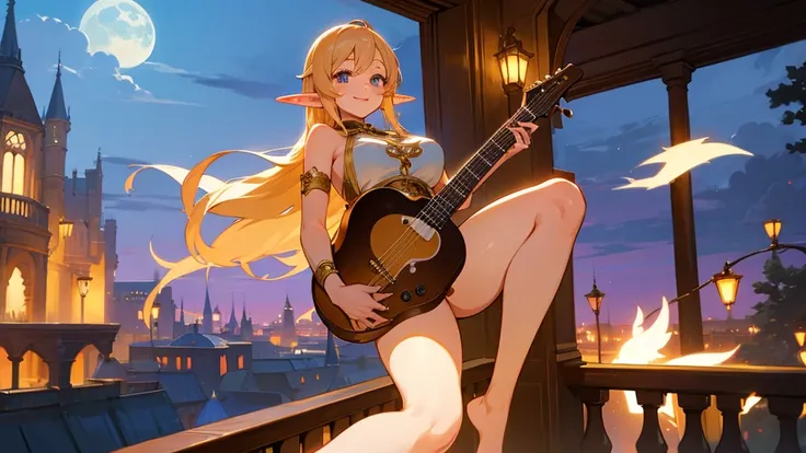 Anime Style,night,Detailed background,Magical World,A lively balcony with many people,Smiling bard beautiful elf girl,guitar,Large Breasts,Healthy thighs,Underarm,Barefoot