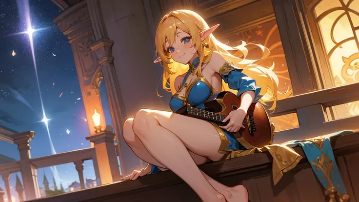 Anime Style,night,Detailed background,Magical World,A lively balcony with many people,Smiling bard beautiful elf girl,guitar,Large Breasts,Healthy thighs,Underarm,Barefoot