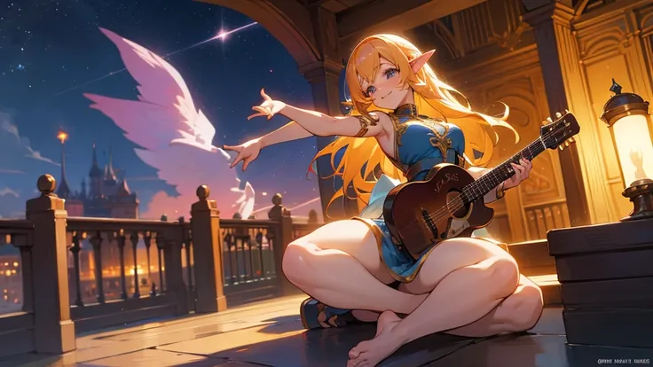 Anime Style,night,Detailed background,Magical World,A lively balcony with many people,Smiling bard beautiful elf girl,guitar,Large Breasts,Healthy thighs,Underarm,Barefoot