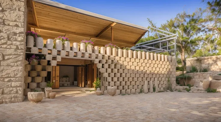 the exterior of a 1-storey house decorated with stacked stone mortars, trees, flower trellises, ricardo bofill style, super deta...