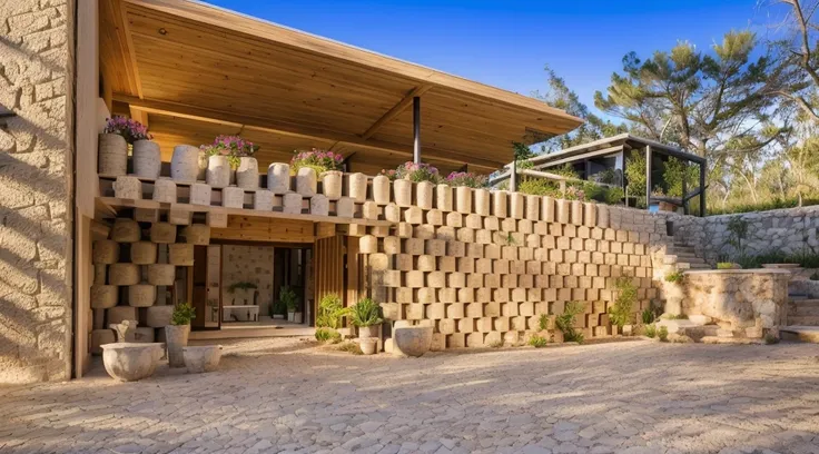 the exterior of a 1-storey house decorated with stacked stone mortars, trees, flower trellises, ricardo bofill style, super deta...