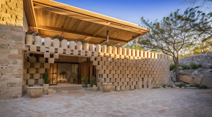 the exterior of a 1-storey house decorated with stacked stone mortars, trees, flower trellises, ricardo bofill style, super deta...