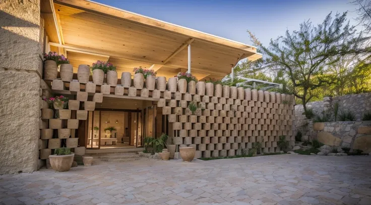 the exterior of a 1-storey house decorated with stacked stone mortars, trees, flower trellises, ricardo bofill style, super deta...