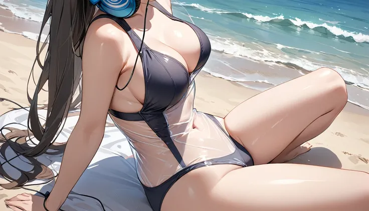 ((Top Quality)), ((Masterpiece)), ((Details)), perfect face, perfect body, sitting on the beach, listening to music, wearing headphones, wearing swimsuit, swimsuit transparent, tight with buttocks and breasts exposed Woman with clothes on and face visible