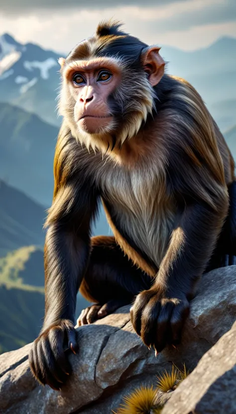 There is a wild beast on the mountain，Looks like a monkey but has four ears(best quality，4K，8K，High level，masterpiece：1.2），Ultra Detailed，（lifelike，Photo real，Photo real：1.37），Highly detailed animals，Realistic lighting，Fantasy Creatures