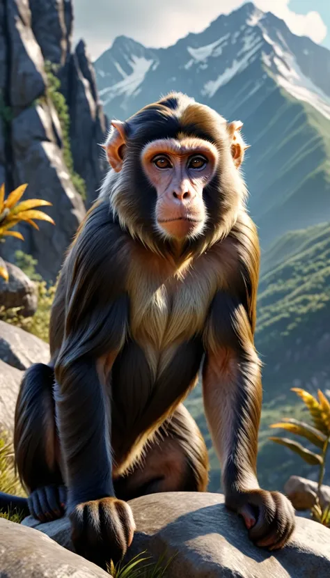 there is a wild beast on the mountain，looks like a monkey but has four ears(best quality，4k，8k，high level，masterpiece：1.2），ultra...