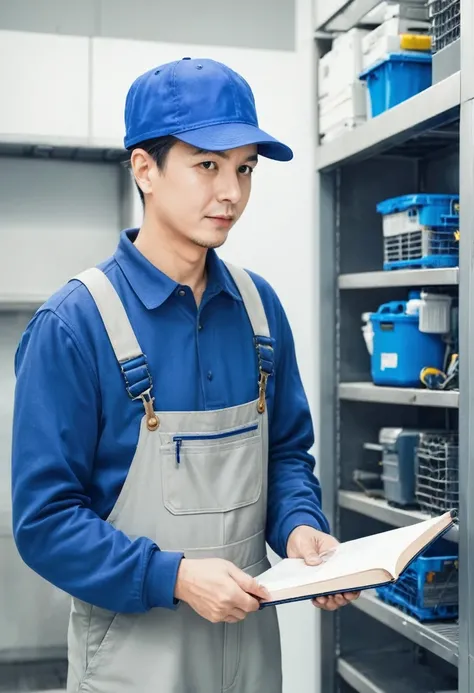 Maintenance personnel，A man wearing a blue hat，Wearing blue overalls，illustration，Stroke，formal，Icon logo，