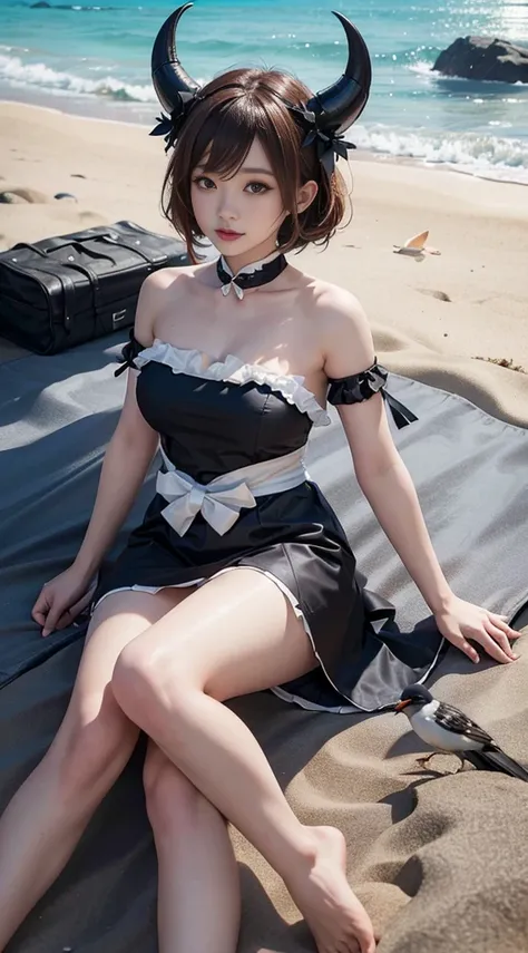 noshiro cosplay costume, cosplay,maid,apron,horns,black thighhighasterpiece, best quality:1.2), 1girl, 独奏, ((bare shoulders)), (current:1.37), ((lying on a beach)), ((bird&#39;s eye view shot)), Sweet maiden, Beautiful makeup, Exquisite makeup, Extremely b...