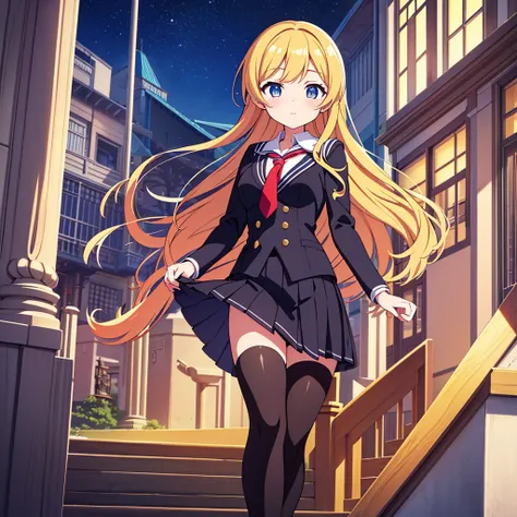 Striking and photorealistic 2.5D moe anime style. Mami, a good-looking and talented high school girl with long, flowing dark blonde hair, stands confidently in front of a modern, magnificent school building reminiscent of a school town. She wears a sailor ...