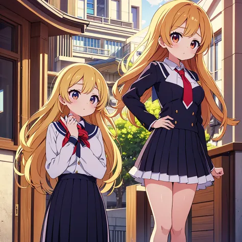 Striking and photorealistic 2.5D moe anime style. Mami, a good-looking and talented high school girl with long, flowing dark blonde hair, stands confidently in front of a modern, magnificent school building reminiscent of a school town. She wears a sailor ...