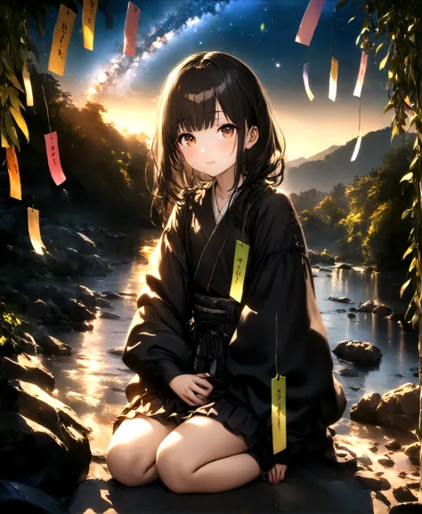 ((32k)), ((best quality)), ((ultra high res)), ((HDR)), ((uhd)), ((extremely detailed CG)), ((unity 32k wallpaper)), Tanabata, milky way, Cute Girls,  slouch,  riverbed of a large river, Long black hair, Brown eyes, 