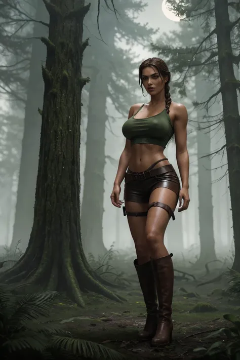 full body side view beauty sensual, sexy, bombshell, lara croft, long brown braided hair, brown eyes, high arched eyebrows, long, graceful neck, red lips, big breast, tight brown leather shorts, pale green sleeveless torn t-shirt, leather boots, abandoned ...