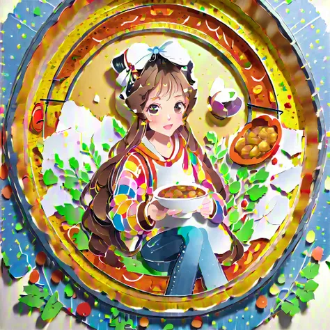 (((paper-cutting style))), (illustration frame is 3D paper cut: 1.2), (colorfully), 1 girl, long brown hair, curry long hair, bonnet, jeans, hoodies, lunch