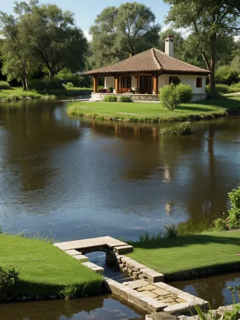 villa by the river, small river flow tenderly, ultra realistic photo