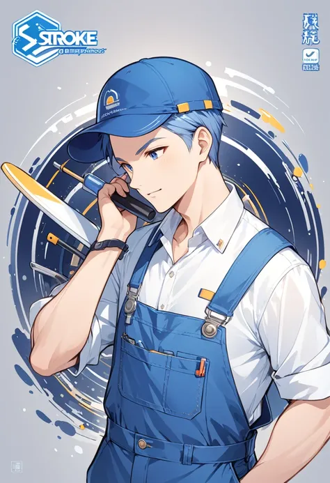 Maintenance personnel，A man wearing a blue hat，Wearing blue overalls，illustration，Stroke，formal，Icon logo，