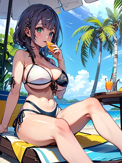 (masterpiece, Highest quality, Super detailed),One girl,((super fine illustration)),((cute eyes,highly detailed skin)),((well endowed,Blessed,Captivating body、Detailed Background))、(sun、vacation、Tropical、White sand beach、I can see the ocean in the distance...