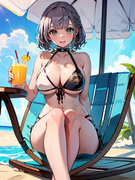 (masterpiece, Highest quality, Super detailed),One girl,((super fine illustration)),((cute eyes,highly detailed skin)),((well endowed,Blessed,Captivating body、Detailed Background))、(sun、vacation、Tropical、White sand beach、I can see the ocean in the distance...