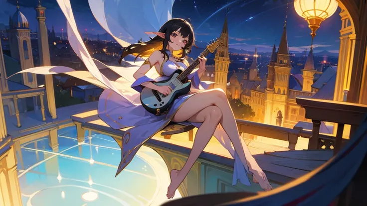 Anime Style,night,Detailed background,Magical World,A lively balcony with many people,A beautiful elf bard with black hair and a smile,guitar,Large Breasts,Healthy thighs,Underarm,Barefoot