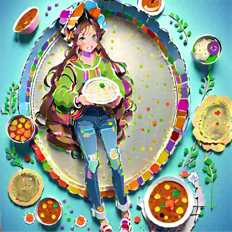 (((paper-cutting style))), (illustration frame is 3D paper cut: 1.2), (colorfully), 1 girl, long brown hair, curry long hair, bonnet, jeans, hoodies, lunch