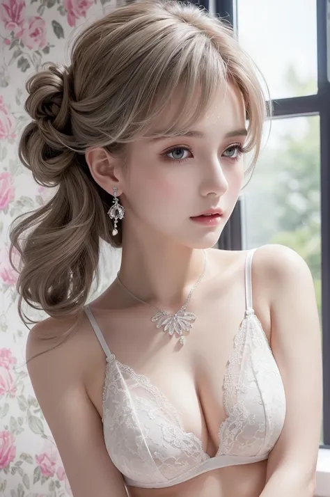 white lace thong bra, (((Very elegant and beautiful, Perfect detail, Super detailed))), whole body, The most detailed girl, Depth of written boundary, 美しく詳細なwhole body, Thin legs, 1 girl, 30 years old, Very short hair, Spiked Hair, Gray and silver hair, Be...