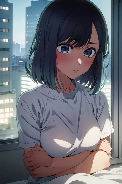 akane kurokawa,naked,rock,Blue Hair,naked,hot,sexy,beautiful,Perfect body,One Girl,big ,masterpiece,Perfect Face,Expressive Face,naked,night、Lying on a bed by the window in a high-rise building,Atmospheric lighting、Sad face