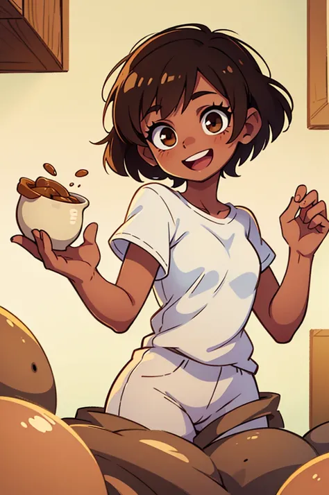 (best-quality:0.8), happy, a young woman tan-skinned, with golden-brown eyes and dark brown hair in a slightly outgrown pixie cut
