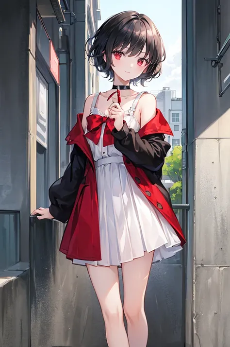 (masterpiece, highest quality, highest quality, (No text), Beautiful and aesthetic:1.2),No text,アニメ、BREAK,One Girl，Black Hair Girl　short hair　older sister　choker　Tree Eyes　Beautiful eyes　Red eyes　cool　smile　Red and Black　Black jacket　mini skirt　whole body　...