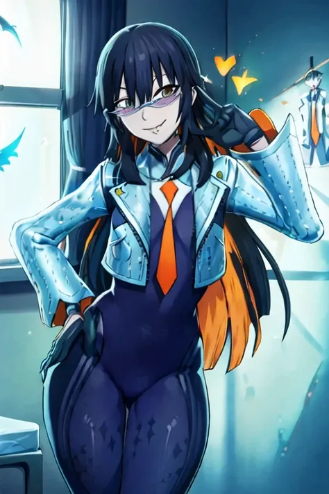 Daraku, Alone, 1girl, glasses, jacket, bodysuit, orange tie, long hair, gloves, smile, best quality, bedroom, window, masterpiece, jack-o-pose