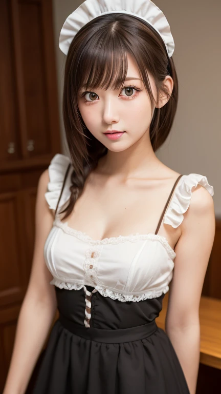 Tabletop, Highest quality, One Girl, (beautiful girl:1.3), (Age 25:1.2), Very fine grain definition, (Symmetrical eyes:1.3), (Maid clothes, Cute Maid:1.2), Beautiful breasts, Brown eyes, Parted bangs, Brown Hair、Small breasts