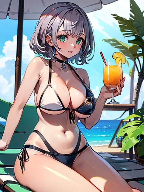 (masterpiece, Highest quality, Super detailed),One girl,((super fine illustration)),((cute eyes,highly detailed skin)),((well endowed,Blessed,Captivating body、Detailed Background))、(sun、vacation、Tropical、White sand beach、I can see the ocean in the distance...