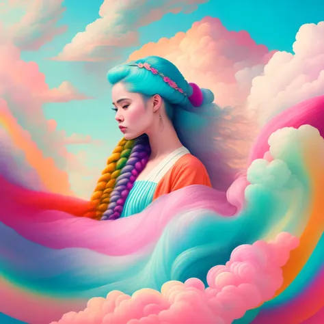 art illustration，portrait of ，often neck，Hair covered in clouds，smoke, very wild hair, colored wavy hair，two long braids, long wild hair, colored hair, Wear a long skirt, hight contrast, epic, absurdrez, surprising, interesting, itchy, super verbose, surre...