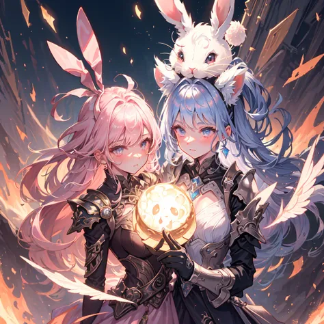 (Detailed illustrations,Extremely detailed and detailed drawing,Delicate lines with slow and fast movements,Realistic texture expression),[color tress main line],(Fantasy World Battlefield [Burning Castle]),(Girl Robot 13 years old (Pink Rabbit [metal face...