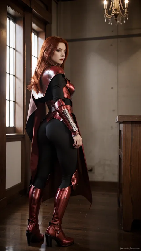 masterpiece, best quality, high resolution, full body, red hair, cyber metal armor, elegant, side shot, cape looking to side