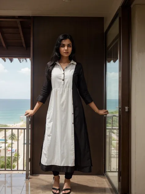 A indian gril black hair   drees  kurta shirt standing on balcony looking sea view on the resort