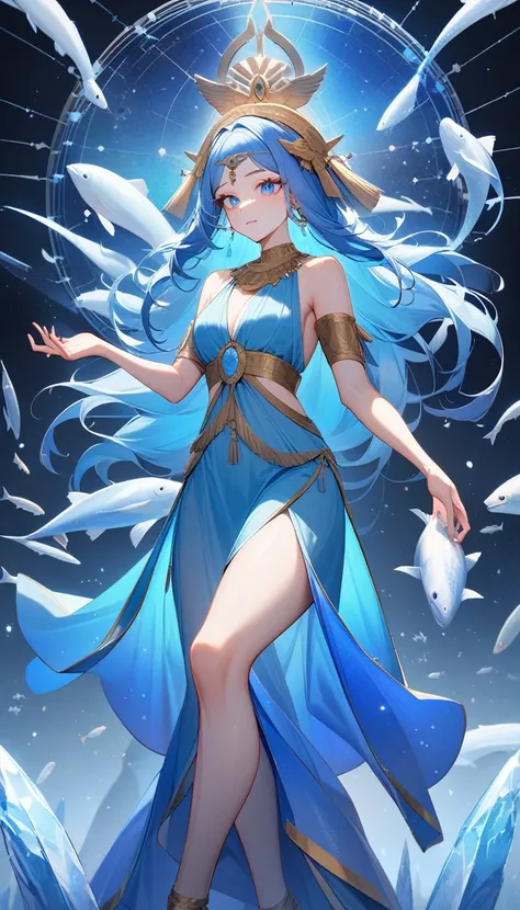 （Huang Li、high quality、Extremely detailed），Constellation-Pisces Goddess，Little fish，Woman petting a school of fish，Similar to Latin goodness，brave，capricious，Productivity，The face of enterprising and humanitarianism，Long blue hair，Ancient Greek costumes、Wr...