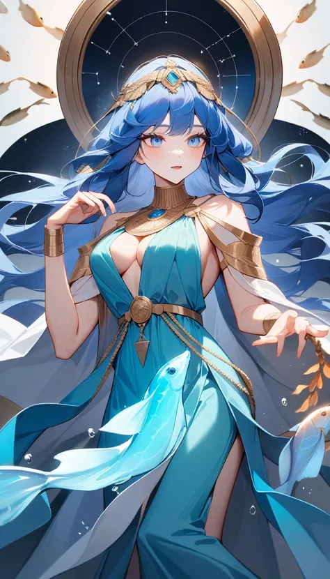 （Huang Li、high quality、Extremely detailed），Constellation-Pisces Goddess，Little fish，Woman petting a school of fish，Similar to Latin goodness，brave，capricious，Productivity，The face of enterprising and humanitarianism，Long blue hair，Ancient Greek costumes、Wr...