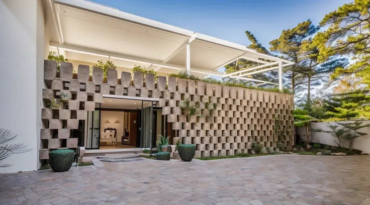 the exterior of a 1-storey house decorated with stacked stone mortars, green trees, a space frame hanging orchids, ricardo bofil...