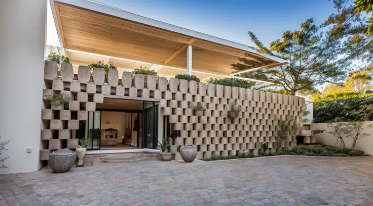 the exterior of a 1-storey house decorated with stacked stone mortars, green trees, a space frame hanging orchids, ricardo bofil...