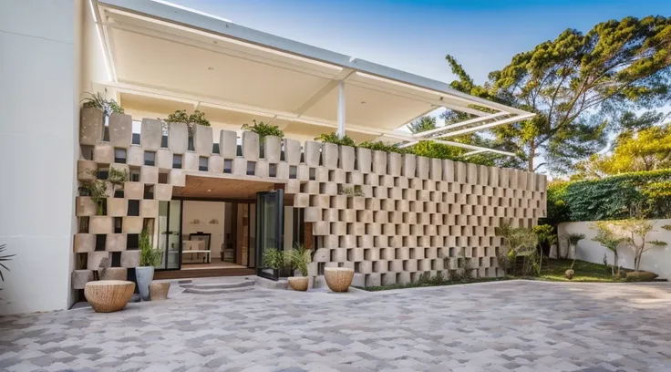 the exterior of a 1-storey house decorated with stacked stone mortars, green trees, a space frame hanging orchids, ricardo bofil...