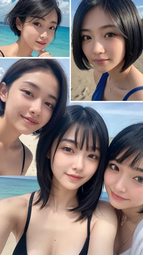 Three smiling girls, Blowing in the wind for a long time [Blue-black:.3] hair,View your audience, (masterpiece:1.3), (8K, Realistic, RAW Photos, Highest quality: 1.4), Japanese, (One Girl), Beautiful Face, (Realistic Face), (black hair, short hair:1.3), be...