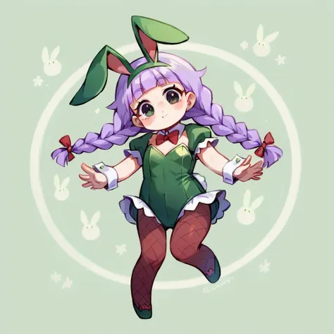 masterpiece, ultra detailed, 8K, full body shot,, a girl, kawaii, light atmosphere, (Cute a girl:1.5), (a girl with,pale purple hair, wavy two braids, blunt bangs hair, green and black eyes, Bright red bunny girl costume, sexy pose while winking and Throw ...