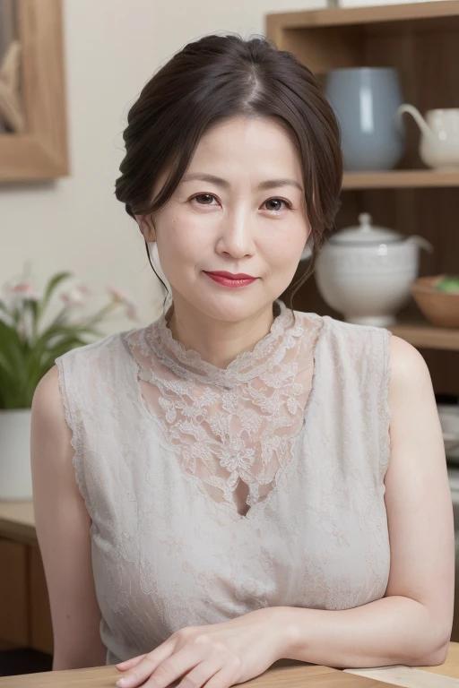 A mature, elegant Japanese woman, 55 years old, married female, delicate features, long eyelashes, sparkling eyes, low ponytail, red lipstick, rosy cheeks, eye shadow, alluring lips, sexy lingerie, chin resting on hand, blank stare, photoshoot, (best quali...