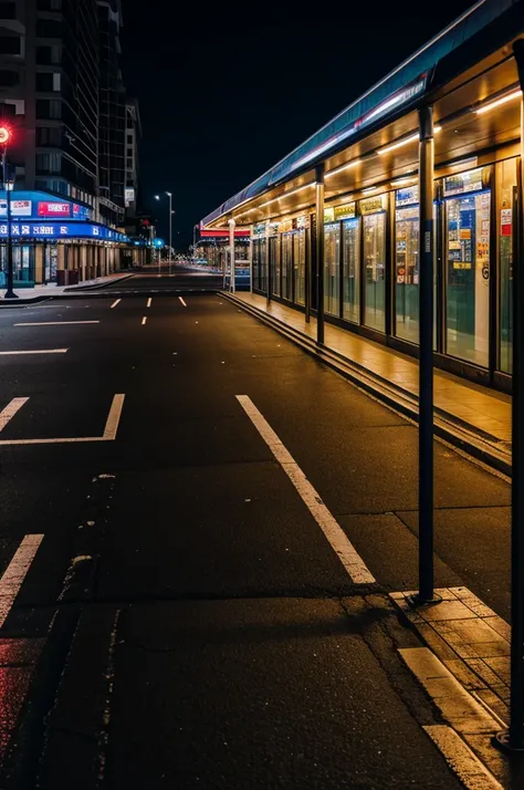 Bus stop at night , wide public street , lonely night