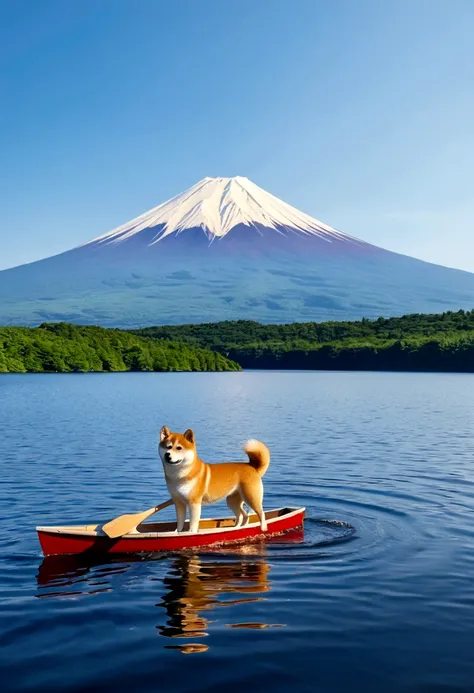 Shiba Inu, small, With brown paddle, Boat ride on Lake Yamanaka in summer. Mount Fuji in the background, Extremely high precision and image quality