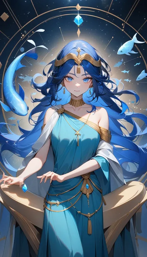 （Huang Li、high quality、Extremely detailed），Constellation-Pisces Goddess，Little fish，Woman petting a school of fish，Similar to Latin goodness，brave，capricious，Productivity，The face of enterprising and humanitarianism，Long blue hair，Ancient Greek costumes、Wr...